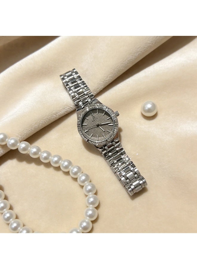 ABIU Women's Silver Crystal Bezel Watch - Polished Metal Strap with Grey Dial | Luxury Glamour Wristwatch - Image 4